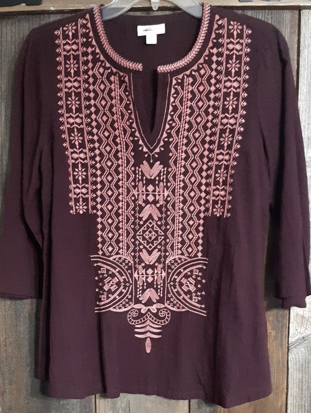 Embroidered Split-Neck Women's Top in Deep Plum